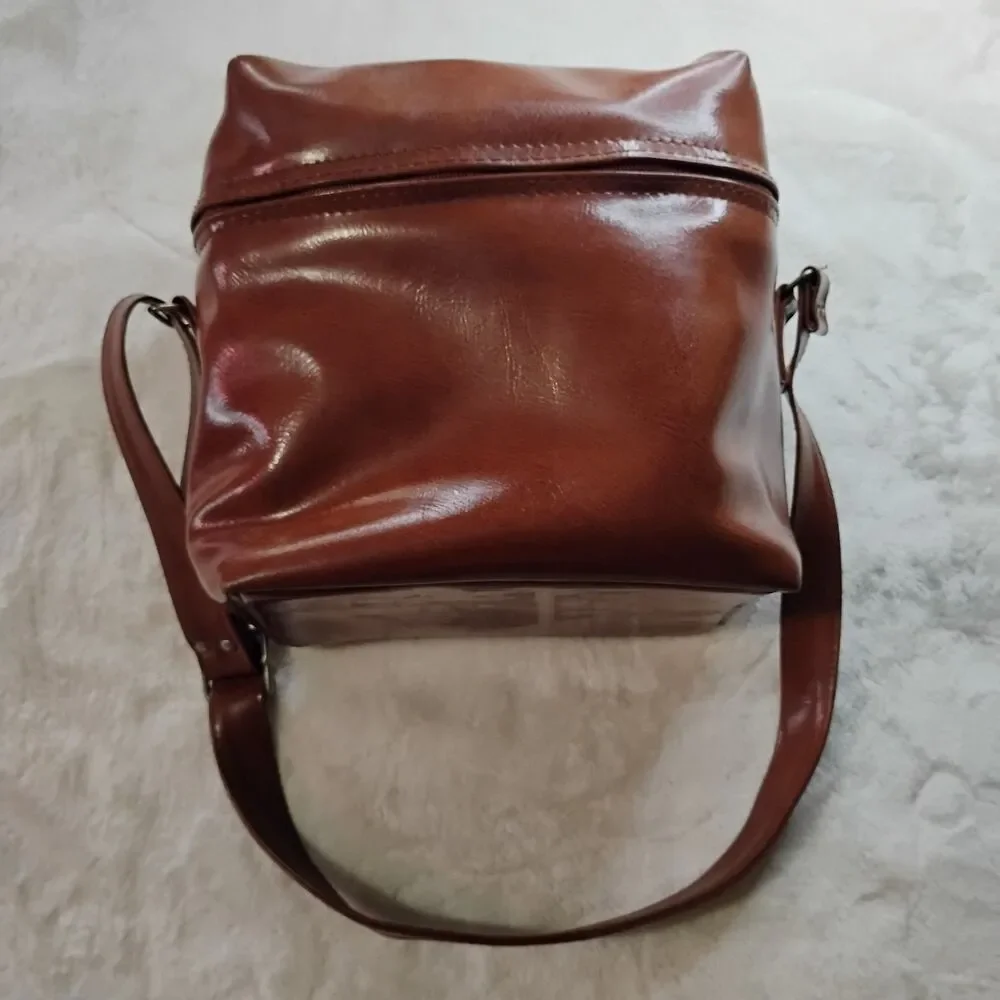 Vintage Brown Faux Leather Camera Bag Crossbody Case Taiwan 70s Gear Travel 9x9